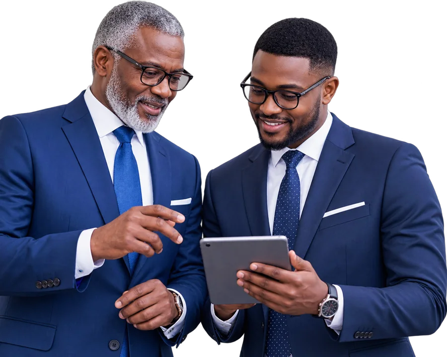 Un mentor et un dirigeant échangent devant une tablette